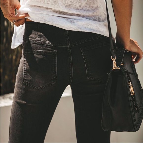 Black Vintage Washed Pull On Bell Bottom Flare Jeans with Raw Frayed Hem - Picture 2 of 5